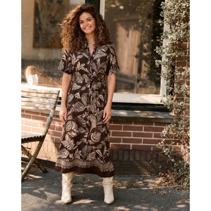 FOS Jurk 7844 Lalia blad rand Bruin ecru FOS Jurk 7844 Lalia blad rand Bruin ecru